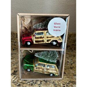 Set Of 2 Allen + Roth Glass Car Christmas Ornaments With Trees & Wood Details